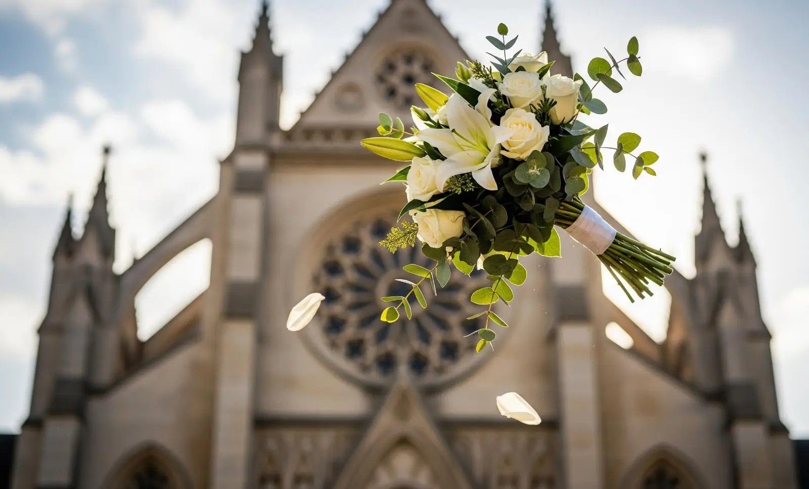 Mariée lançant son bouquet en l’air